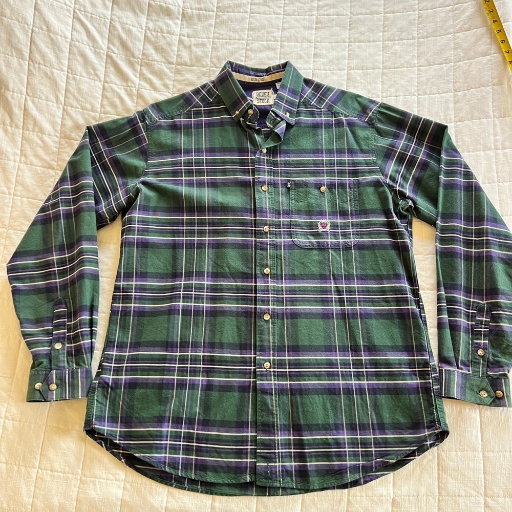 Rough Stock Panhandle Slim Mens Large Green Purple Plaid Cotton ButtonDown Shirt